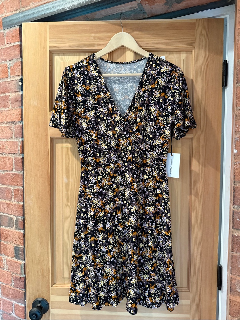 Hawthorn Floral Wrap Short-Sleeve Dress in Black and Mustard NWT